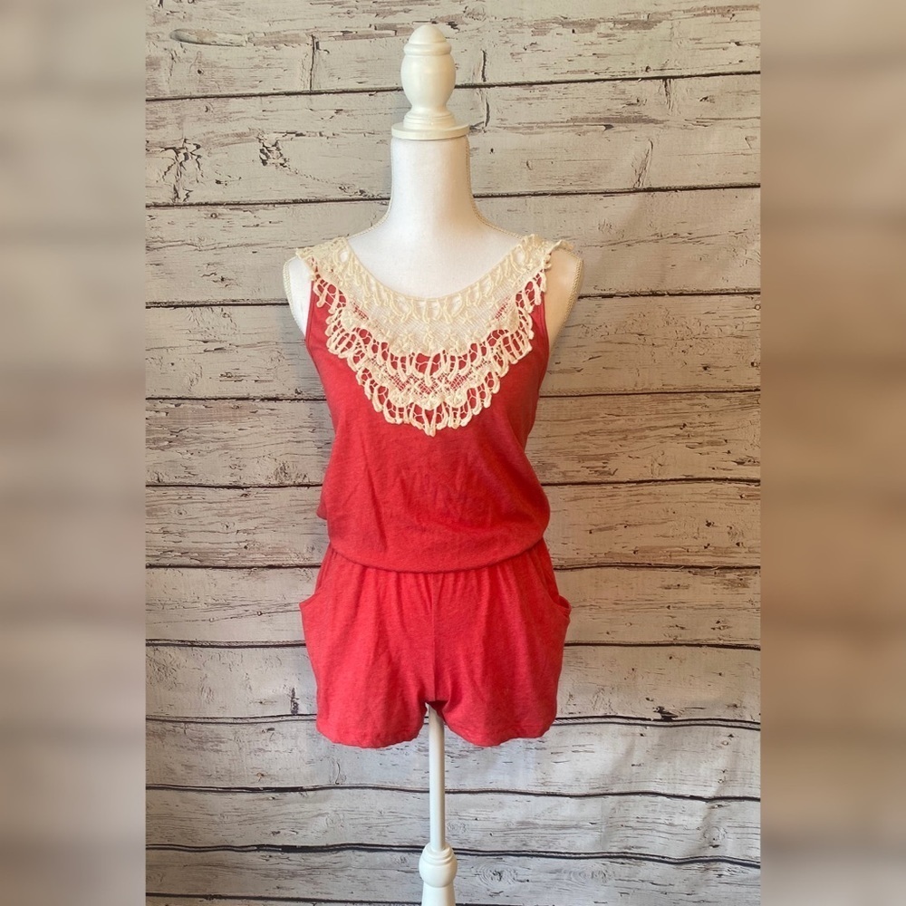 Lace top romper coral Small